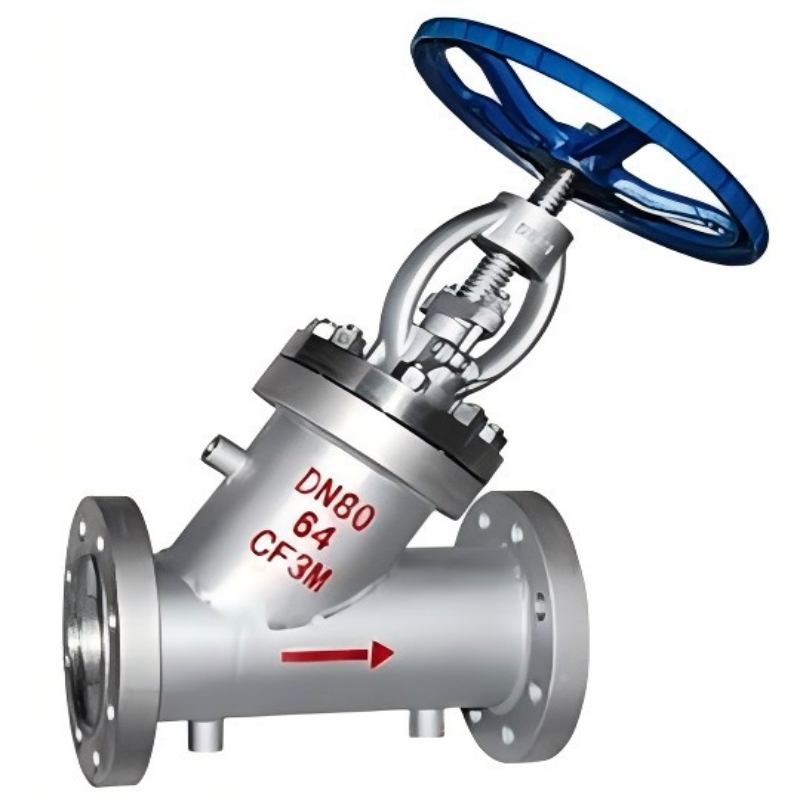 Jacketed insulation direct flow stop valve, jacketed insulation stop valve